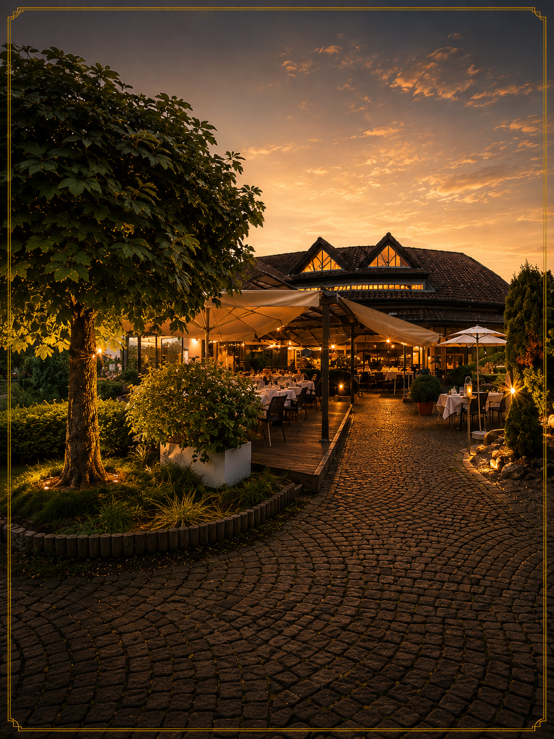 Restaurant Erle Aussenansicht mit Terrasse und Garten